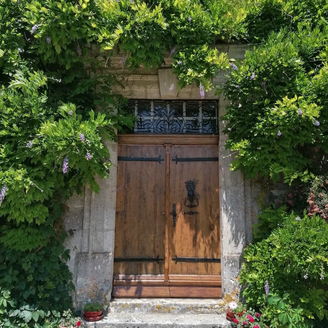 Vue d’une porte d’entrée en bois sculptée à la main